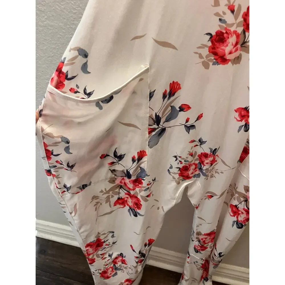Boho Floral Romper XL Cream Pink Coquette Sleeveless Pocket Cottagecore Spring - Picture 8 of 8